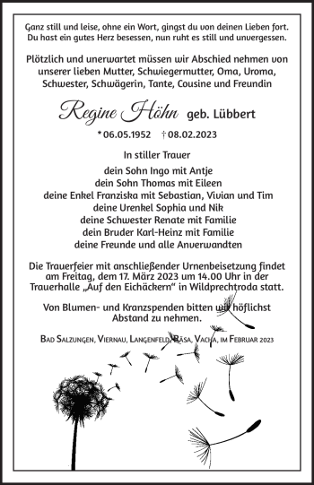 Traueranzeige von Regine Höhn von Südthüringer Presse