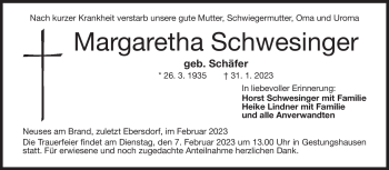 Traueranzeige von Margaretha Schwesinger von Neue Presse Coburg
