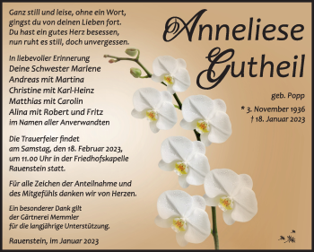 Traueranzeige von anneliese Gutheil von Südthüringer Presse