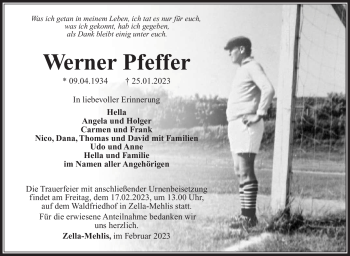 Traueranzeige von Werner Pfeffer von Südthüringer Presse