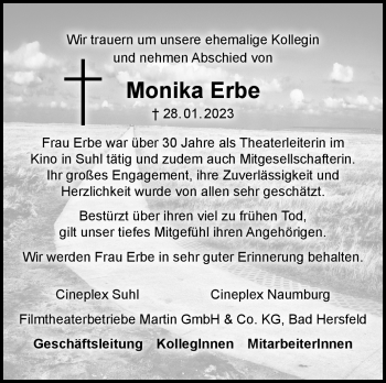 Traueranzeige von Monika Erbe von Südthüringer Presse