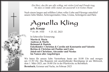 Traueranzeige von Agnella Kling von Südthüringer Presse