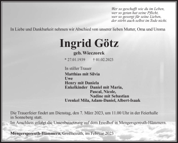 Traueranzeige von Ingrid Götz von Südthüringer Presse