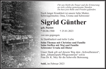 Traueranzeige von Sigrid Günther von Südthüringer Presse