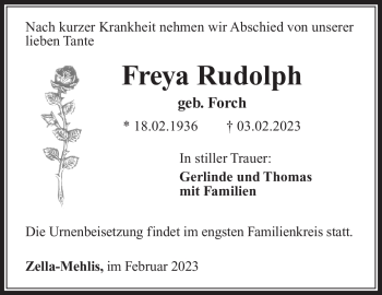 Traueranzeige von Freya Rudolph von Südthüringer Presse