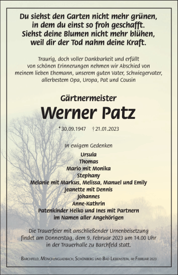 Traueranzeige von Werner Patz von Südthüringer Presse