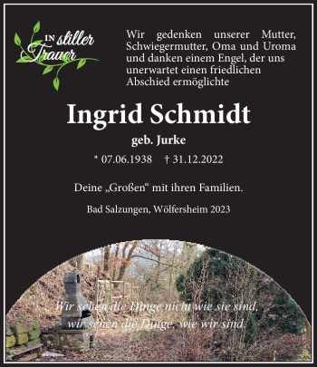 Traueranzeige von Ingrid Schmidt von Südthüringer Presse
