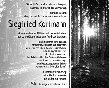 Traueranzeige von Siegfried Korfmann von Südthüringer Presse