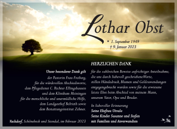 Traueranzeige von Lothar Obst von Südthüringer Presse