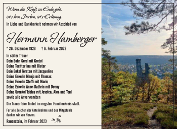 Traueranzeige von Hermann Hamberger von Südthüringer Presse