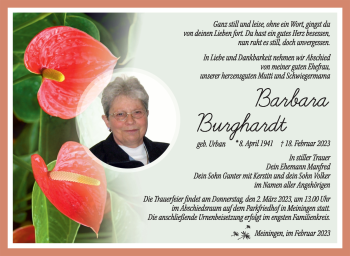 Traueranzeige von Barbara Burghardt von Südthüringer Presse