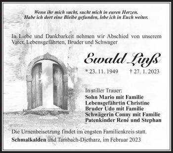 Traueranzeige von Ewald Linß von Südthüringer Presse