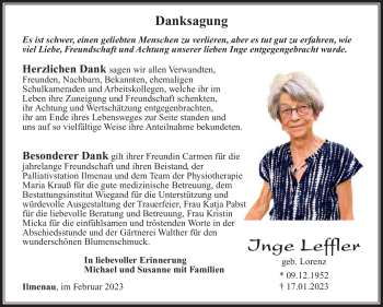 Traueranzeige von Inge Leffler von Südthüringer Presse