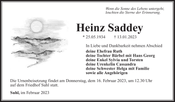 Traueranzeige von Heinz Saddey von Südthüringer Presse