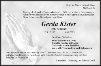 Traueranzeige von Gerda Kister von Südthüringer Presse