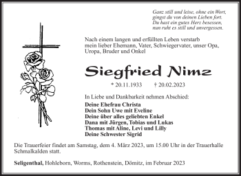 Traueranzeige von Siegfried Nimz von Südthüringer Presse