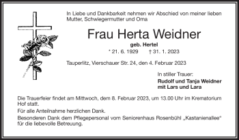 Traueranzeige von Herta Weidner von Frankenpost