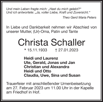 Traueranzeige von Christa Schaller von Frankenpost