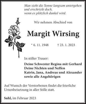 Traueranzeige von Margit Wirsing von Südthüringer Presse