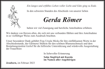 Traueranzeige von Gerda Römer von Südthüringer Presse