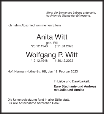 Traueranzeige von AnitaWolfgang P. WittWitt von Frankenpost
