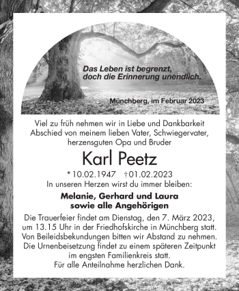 Traueranzeige von Karl Peetz von Frankenpost