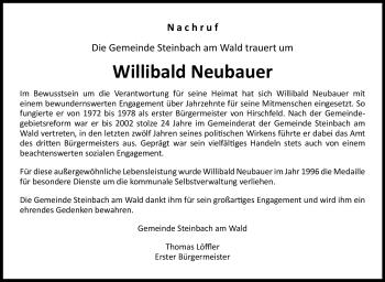 Traueranzeige von Willibald Neubauer von Neue Presse Coburg