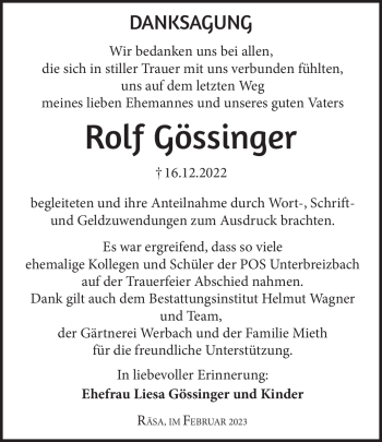 Traueranzeige von Rolf Gössinger von Südthüringer Presse