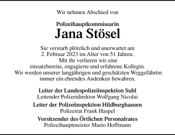 Traueranzeige von Jana Stösel von Südthüringer Presse