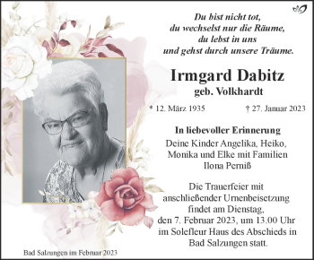 Traueranzeige von Irmgard Dabitz von Südthüringer Presse