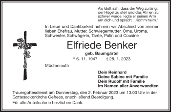 Traueranzeige von Elfriede Benker von Frankenpost
