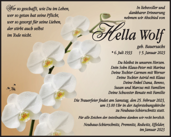 Traueranzeige von Hella Wolf von Südthüringer Presse