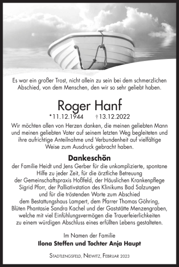 Traueranzeige von Roger Hanf von Südthüringer Presse