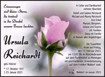 Traueranzeige von Ursula Reichardt von Südthüringer Presse