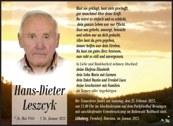 Traueranzeige von Hans-Dieter Leszcyk von Südthüringer Presse