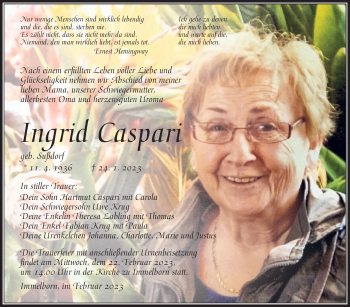 Traueranzeige von Ingrid Caspari von Südthüringer Presse