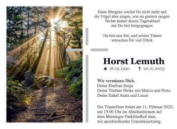 Traueranzeige von Horst Lemuth von Südthüringer Presse