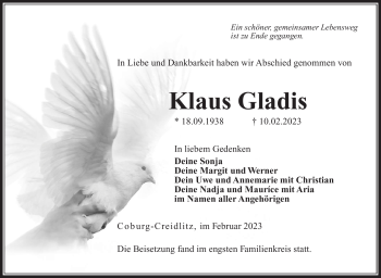 Traueranzeige von Klaus Gladis von Neue Presse Coburg