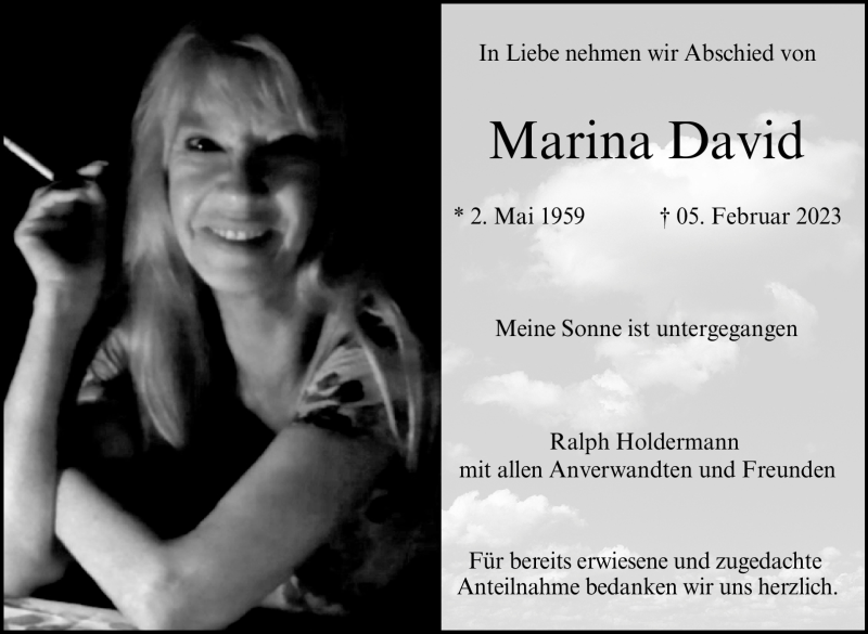  Traueranzeige für Marina David vom 18.02.2023 aus Neue Presse Coburg