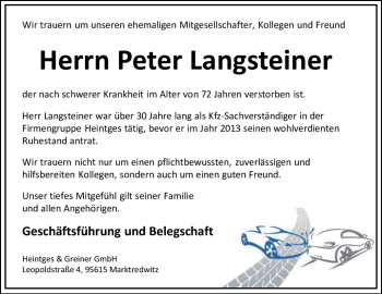 Traueranzeige von Peter Langsteiner Langsteiner von Frankenpost