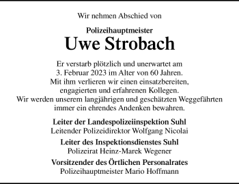 Traueranzeige von Uwe Strobach von Südthüringer Presse