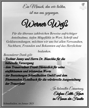 Traueranzeige von Werner Weiß von Südthüringer Presse