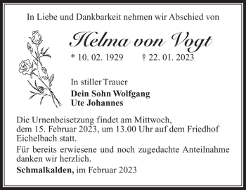 Traueranzeige von Helma von Vogt von Südthüringer Presse