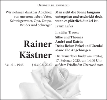Traueranzeige von Rainer Kästner von Südthüringer Presse