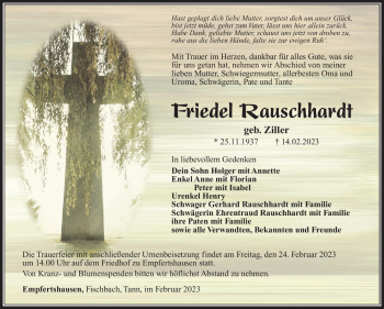 Traueranzeige von Friedel Rauschhardt von Südthüringer Presse