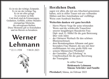 Traueranzeige von Werner Lehmann von Südthüringer Presse