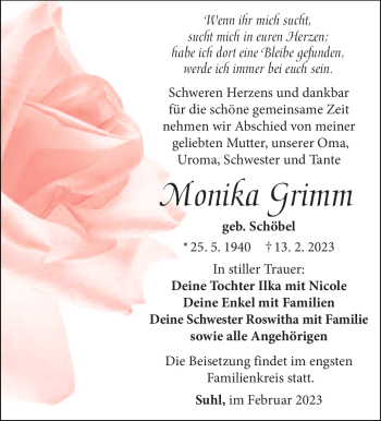 Traueranzeige von Monika Grimm von Südthüringer Presse