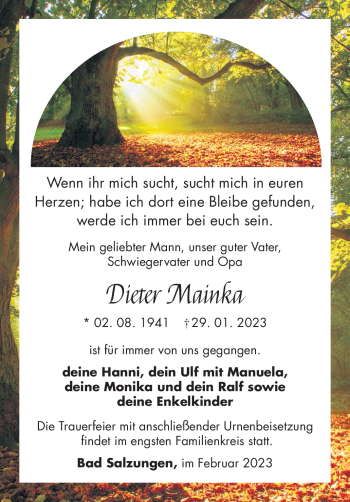 Traueranzeige von Dieter Maink von Südthüringer Presse