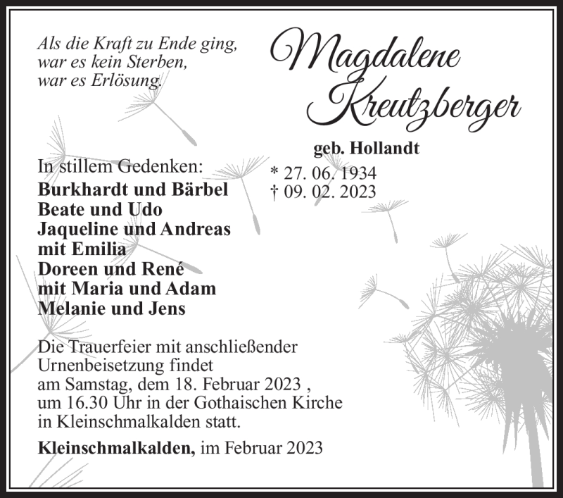  Traueranzeige für Magadlene Kreutzberger vom 15.02.2023 aus Südthüringer Presse