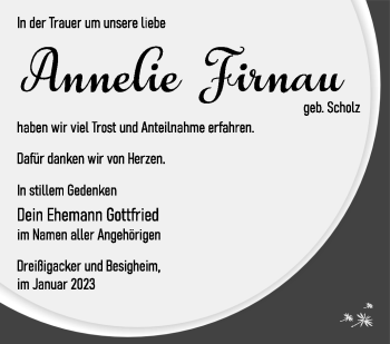 Traueranzeige von Annelie Firnau von Südthüringer Presse